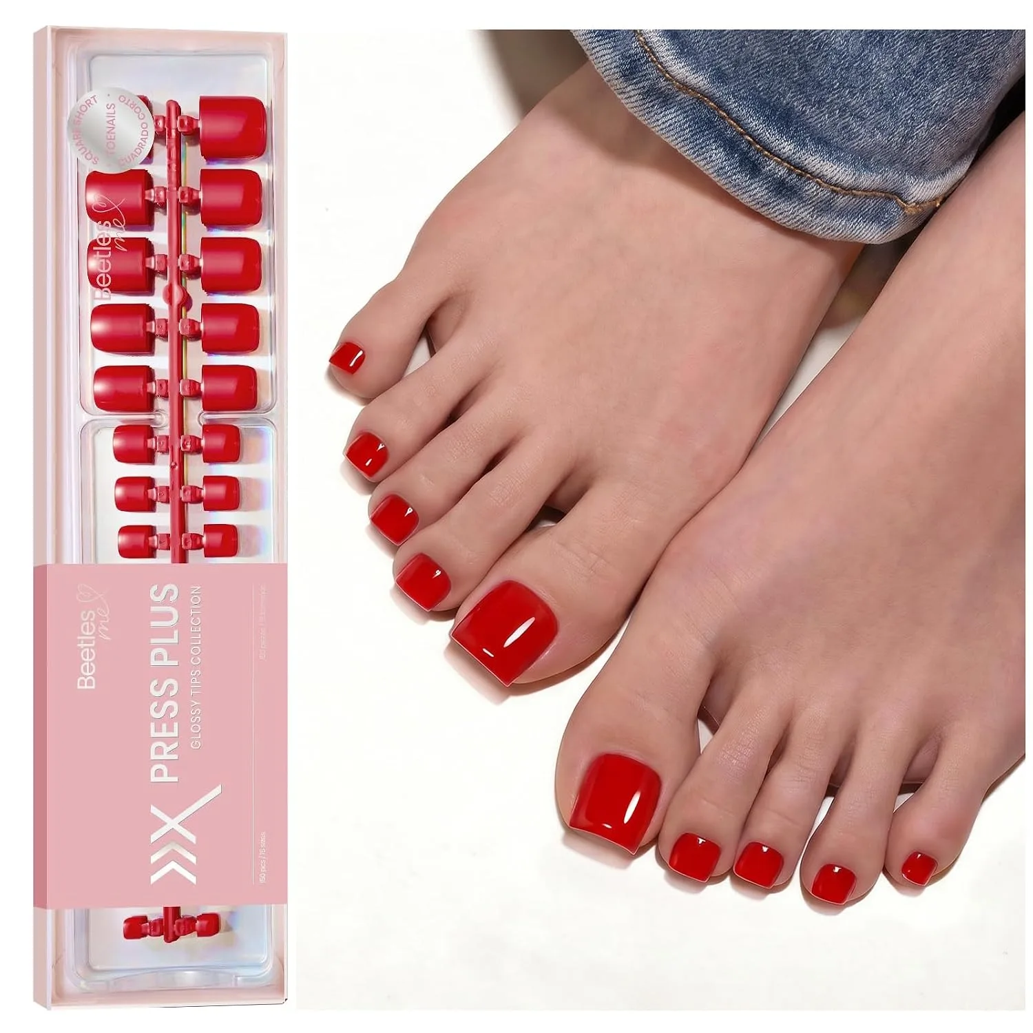 Uñas postizas para pies Beetles Cherry Rouge cortas cuadradas 150 piezas