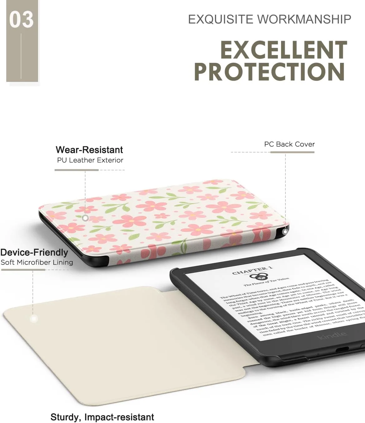 MoKo Case for 6" Amazon Kindle Basic 11th Gen 2024/2022, Flower & Leaves