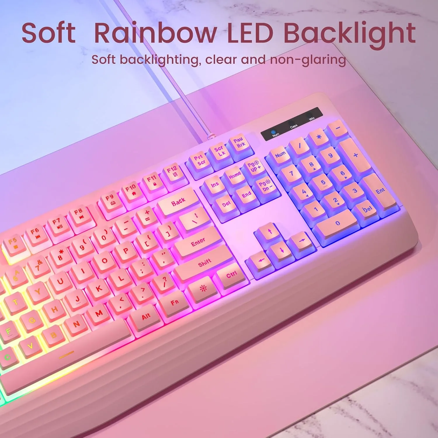 yesbeaut Pink Wired Keyboard, LED Backlit, 104 Keys Silent Light Up Gaming
