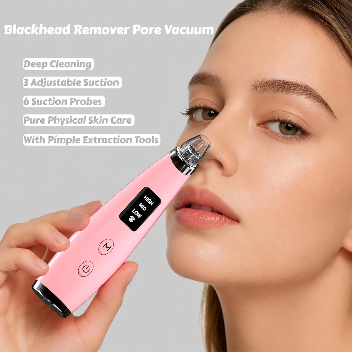 Pore Vacuum for Face & Nose - Blackhead Remover with 3 Adjustable Suction Levels, 6 Interchangeable Probes, USB-C Rechargeable, Portable Pimple Extractor Kit for Whitehead Removal (Pink)