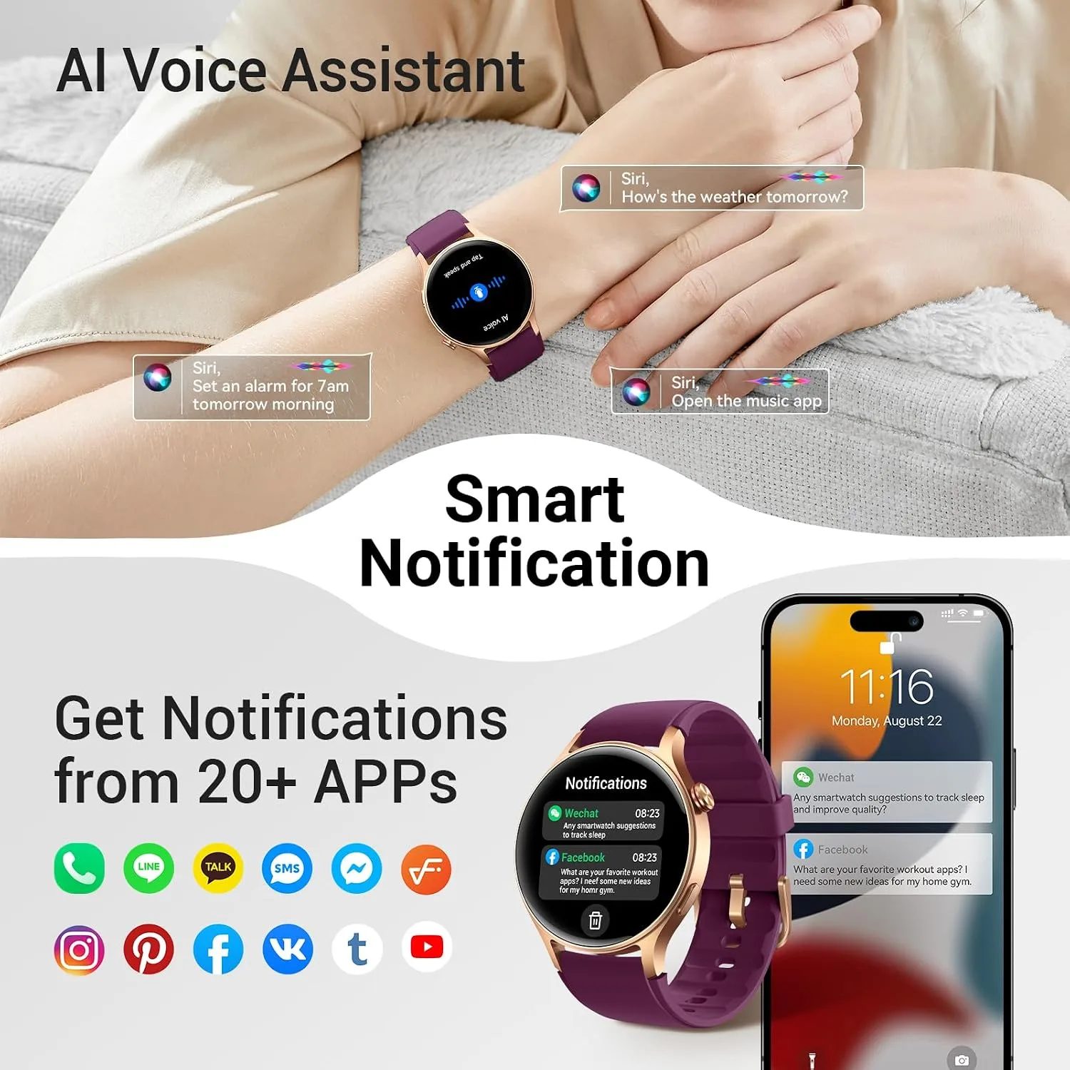 Fitpolo Smart Watch for Women,1.3" AMOLED Fitness Tracker (Burgundy)