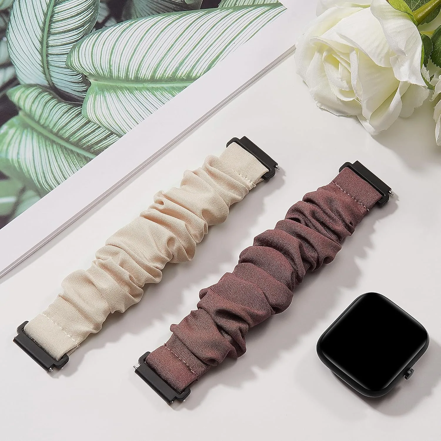 Sunnyson 22mm Bands for Veryfit IDW13/IDW16/IDW19/IDW26/IDW28 Smartwatch，2 Pack Elastic Fabric Scrunchie Straps for Fitvii H57/H56/Fitpolo/Toobur id208 Plus Women