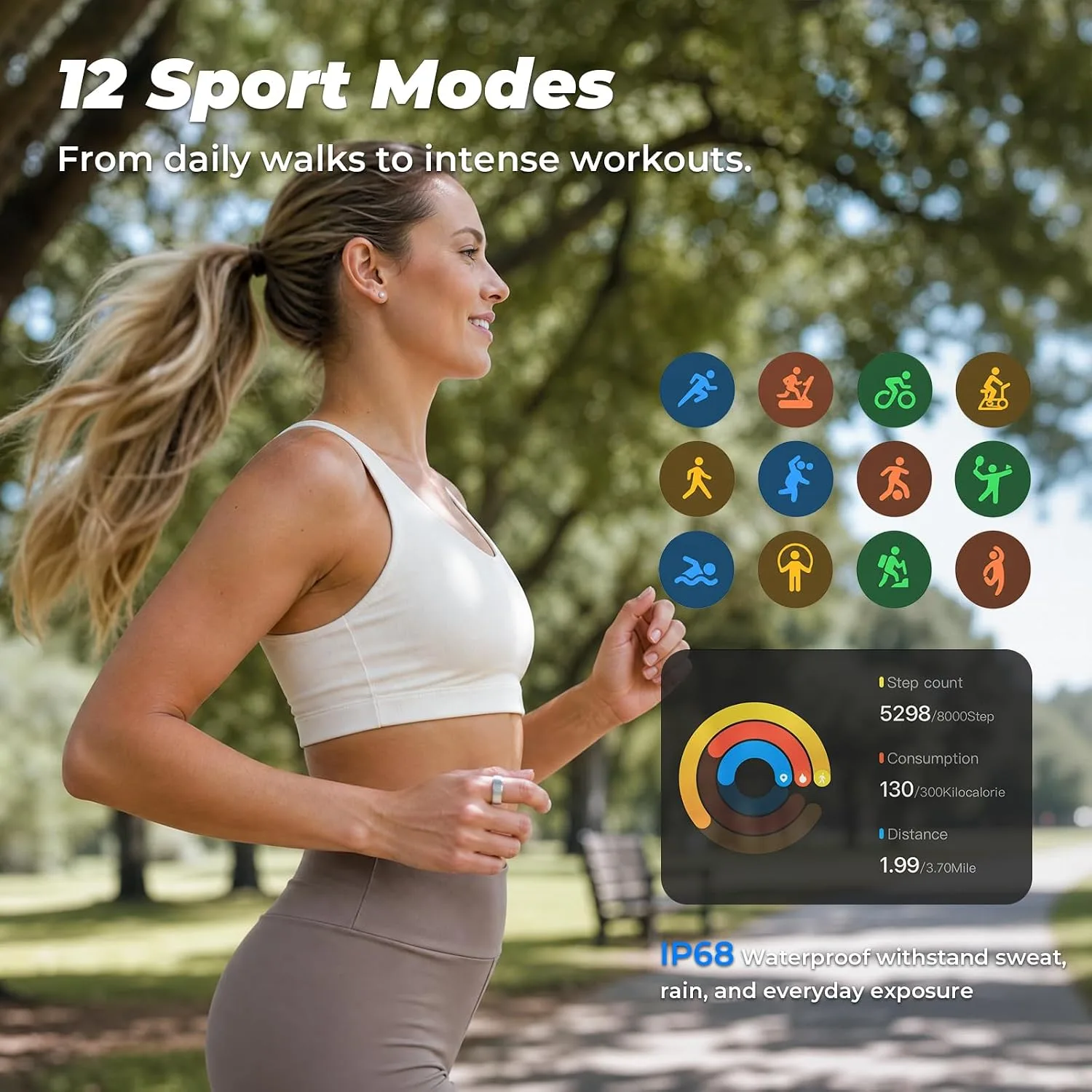 Smart Ring for Women Men, Sleep Tracker, 12 Sports Modes, Size 9 Silver