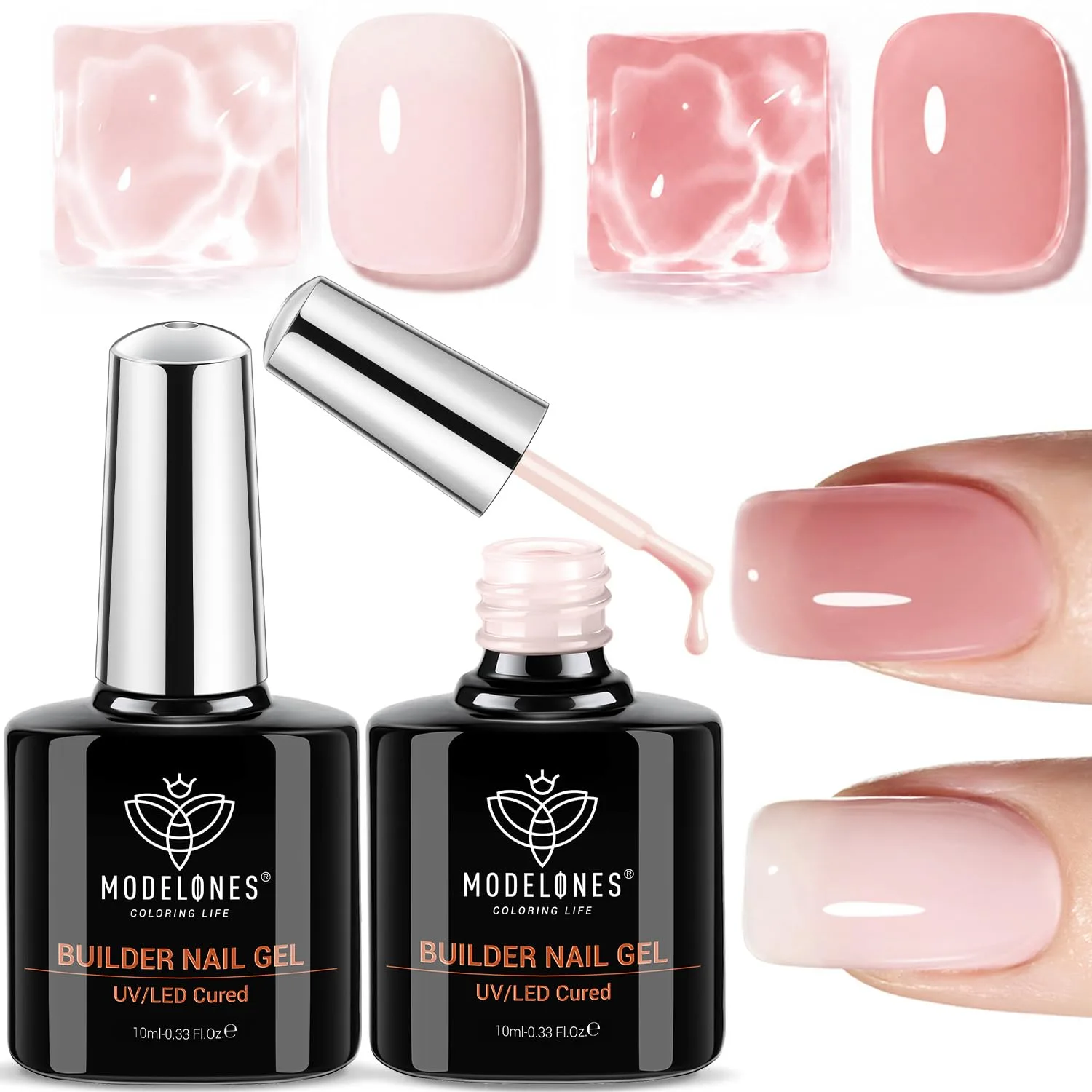 modelones Base Coat Builder Nail Gel, 2 Pcs Cover Nude and Rose Pink Gel