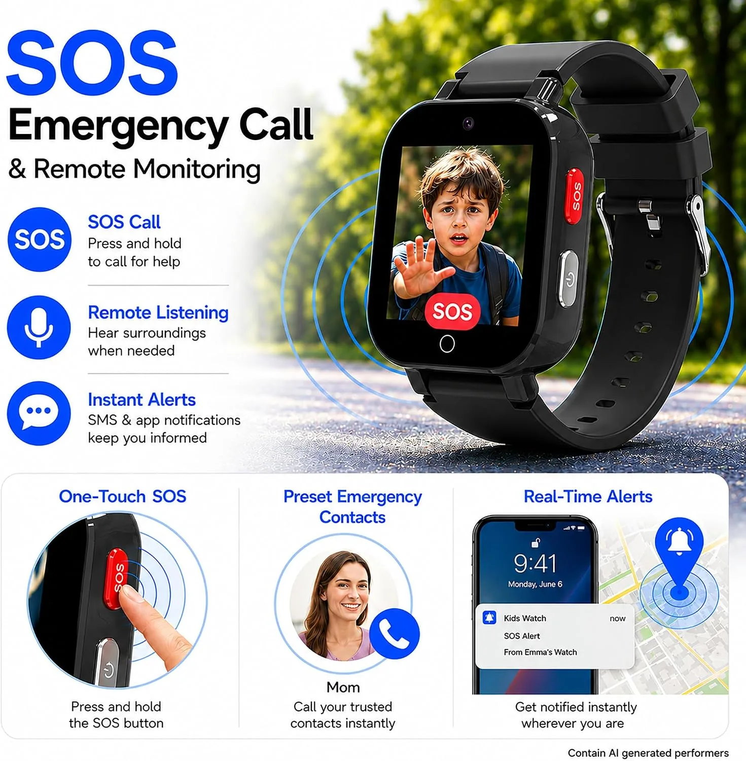 4G Kids Smart Watch with GPS Tracker, Video & Voice Call, SOS, WiFi, IP68 Waterproof, AI Smart Features, Parental Control Phone Watch for Boys Girls Age 3+ (SIM Card Included)
