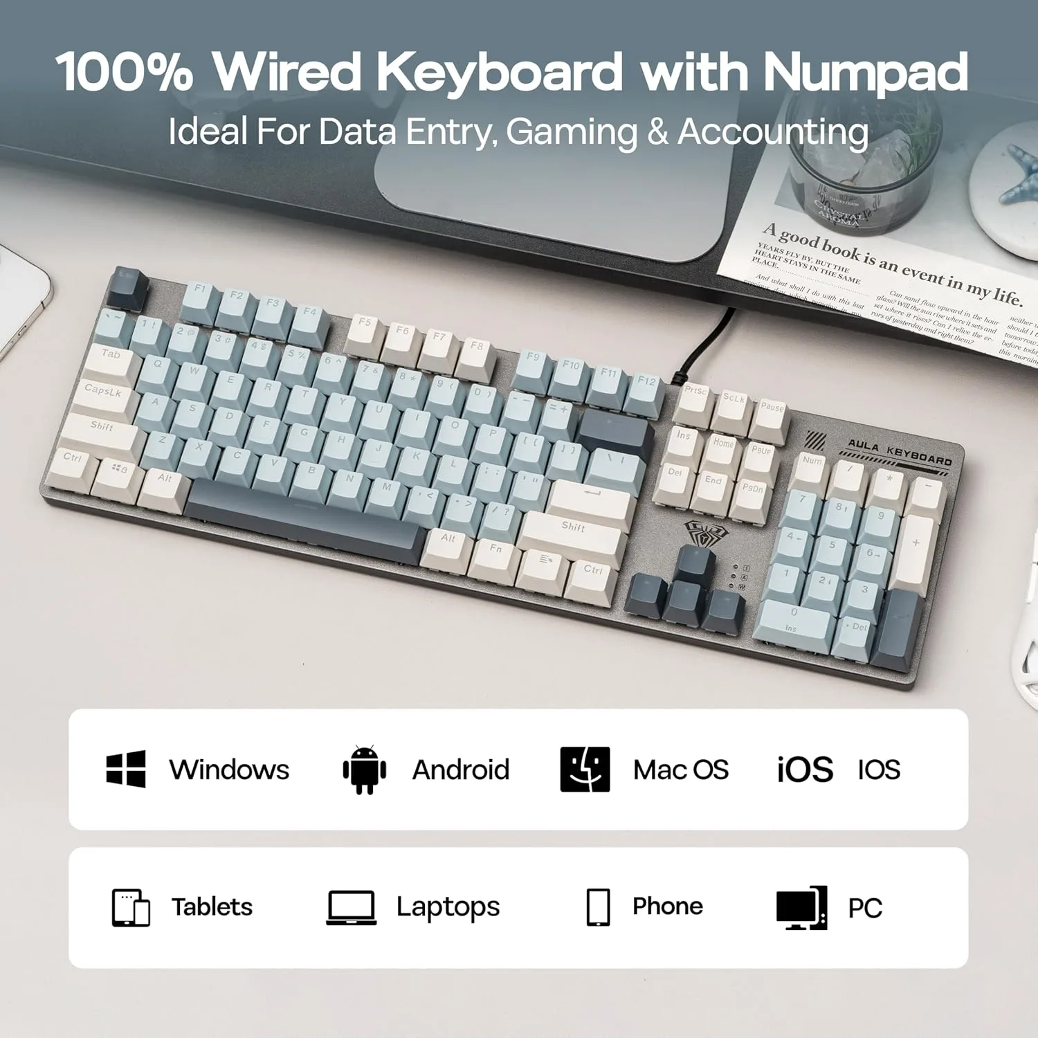 MechLands Aula S500 Wired Gaming Keyboard, 100% Full Size Mechanical Keyboard with Number Pad, 104 Keys, NKRO, RGB Backlits, Shine Through Keycaps, Ergonomic for PC E-Sports (Black&Blue, Blue Switch)