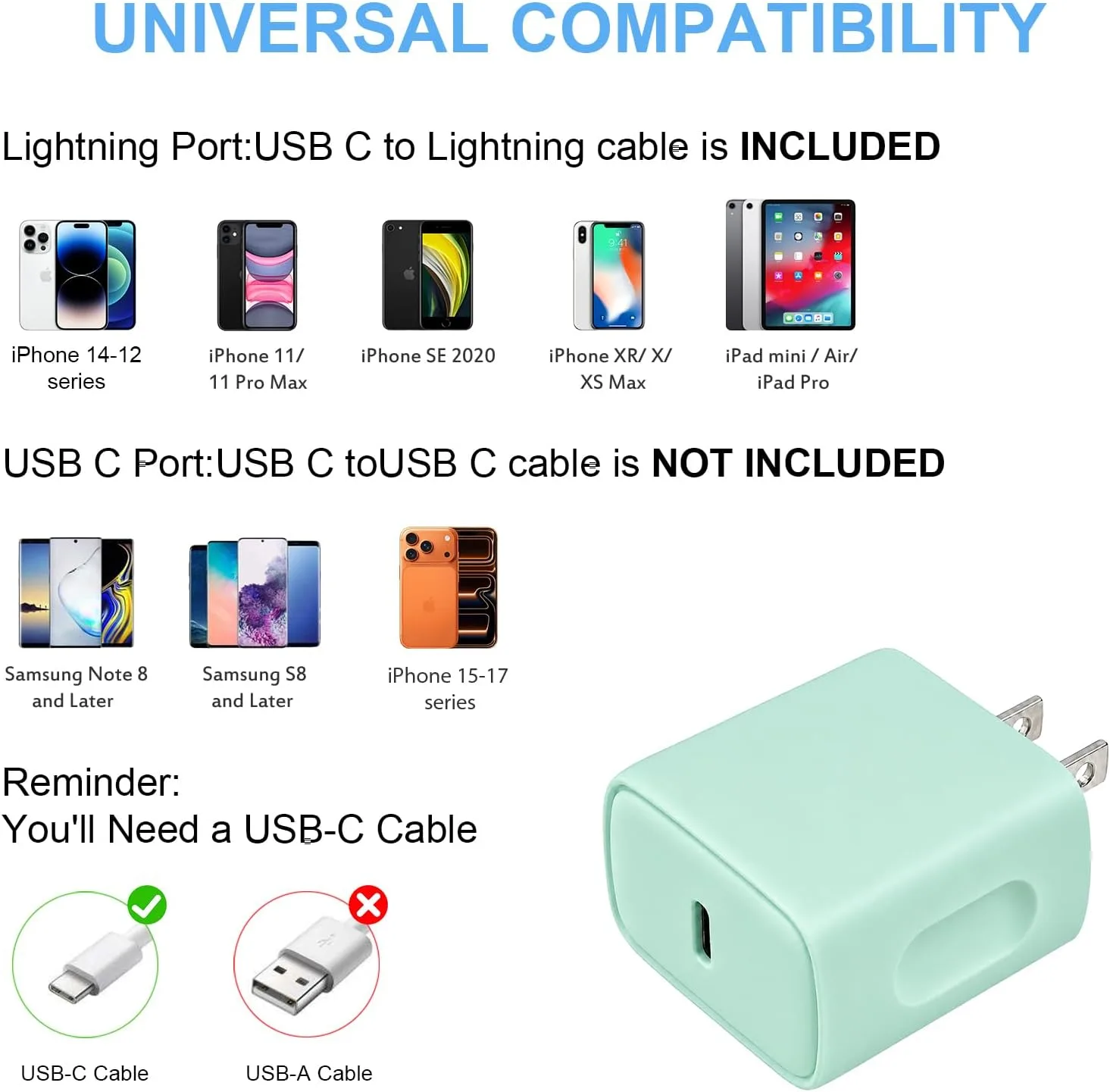 iPhone 14 13 12 Fast Charger 20W PD USB C Wall Charger with 6FT Fast Charging Cable for iPhone 14/14 Pro/14 Pro Max/14 Plus/13/12/11/Pro/Pro Max/Mini/Xs Max/X, iPad - Green
