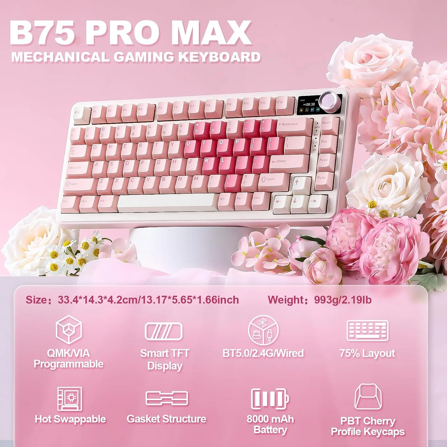 YUNZII B75 PRO MAX 75% Mechanical Keyboard (Pink Heart, Milk Switch)
