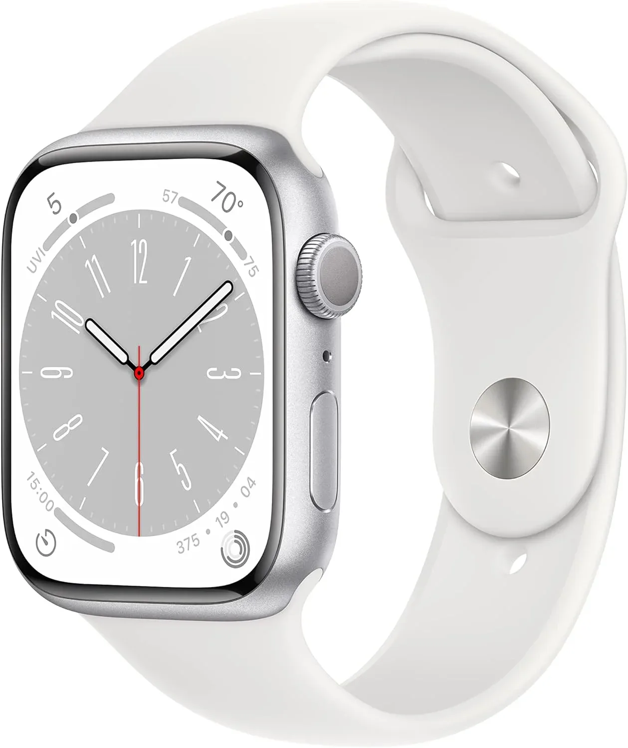 Apple Watch Series 8 [GPS, 45mm] Silver Aluminum Case with White Sport Band, M/L (Renewed)