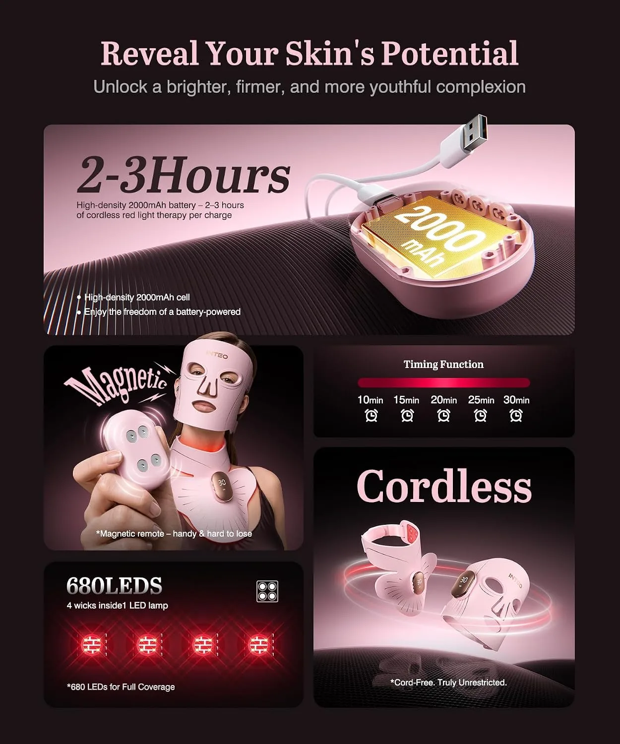 Red Light Therapy Mask for Face & Neck, 850nm NIR & 660nm Red LED, 4 Modes