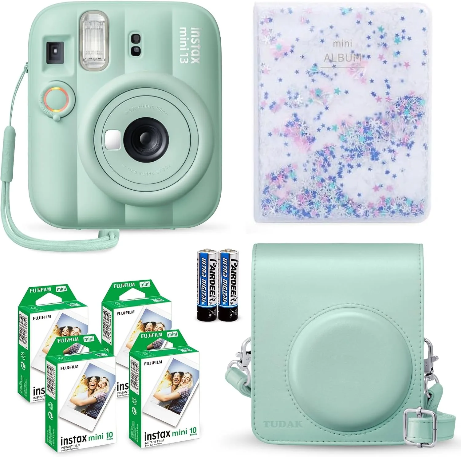 Fujifilm Instax Mini 13 Instant Camera Lagoon Green + Fuji Film Value Pack (40 Sheets) + Tudak Accessories Bundle, Incl. Compatible Carrying Case, Quicksand Beads Photo Album 64 Pockets