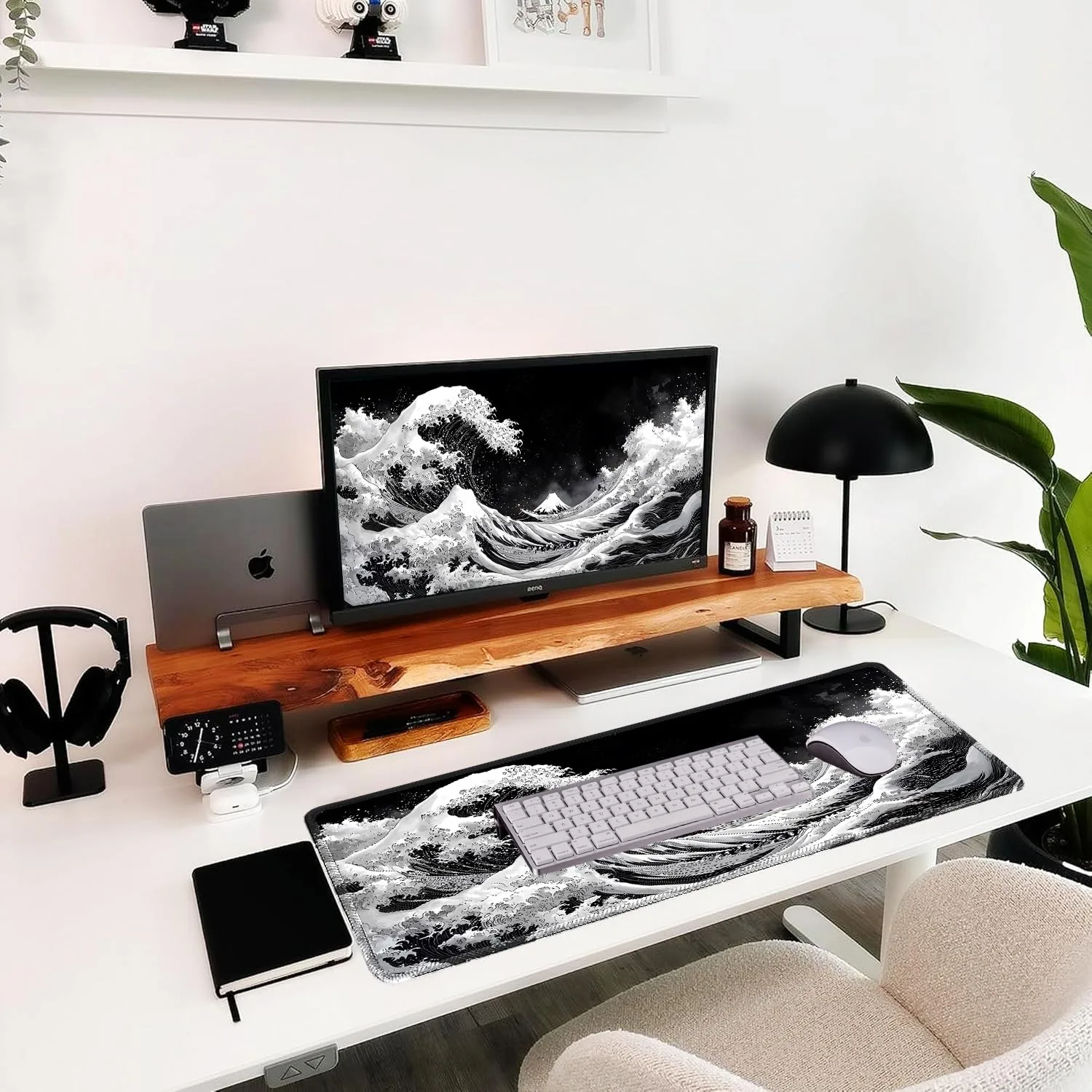 Gudnis Black and White Japanese sea Mouse Pad, Kanagawa Surfing 31.5"x11.8"
