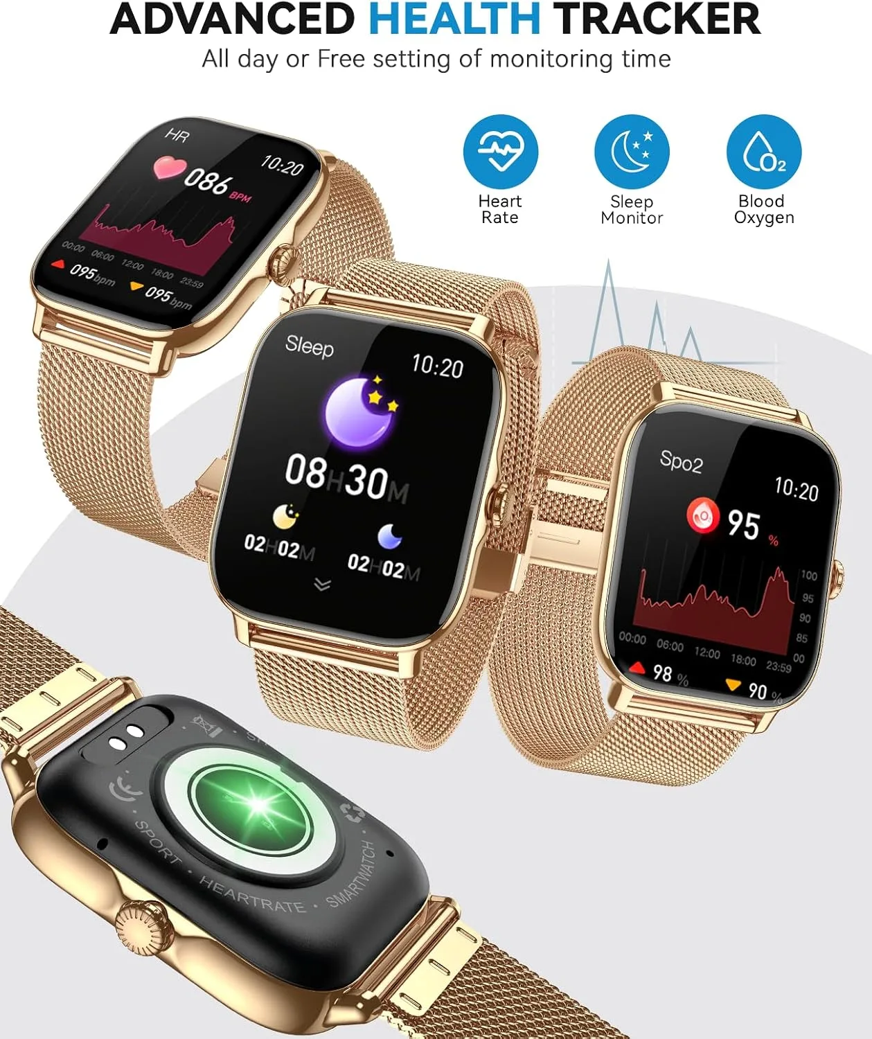 Smart Watch for Women Men- Answer/Make Call, IP68 Waterproof Fitness Tracker with Sleep Monitor,Smartwatch for Andriod iPhone Compatible (Warm Gold Case w/Champagne & Vintage Gold Band, 1.91)