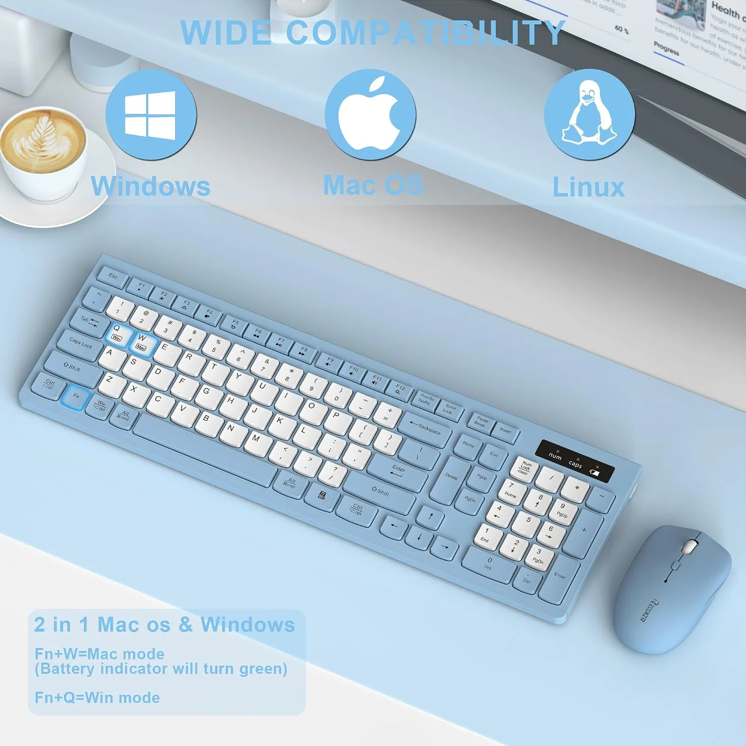 Wireless Keyboard and Mouse Combo Silent for Office and Home(Misty Blue-B)