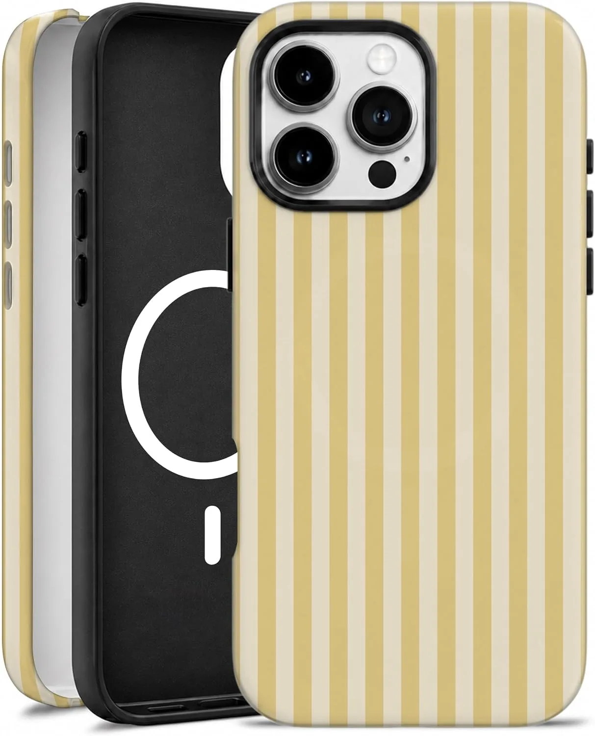Magnetic for iPhone 16 Pro Phone Case, Chic Butter Yellow Striped