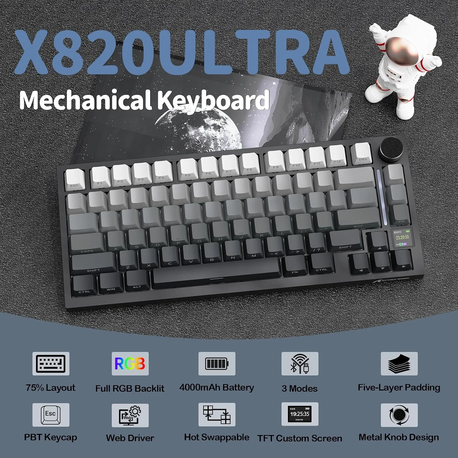 ATTACK SHARK X820 Ultra 75% Wireless Gaming Mechanical Keyboard Hot-Swappable Gasket Mount RGB Backlit BT/2.4G/Wired Custom Keyboard with Smart TFT Display&Knob QMK Driver-Moonlit Night&Shark Switch