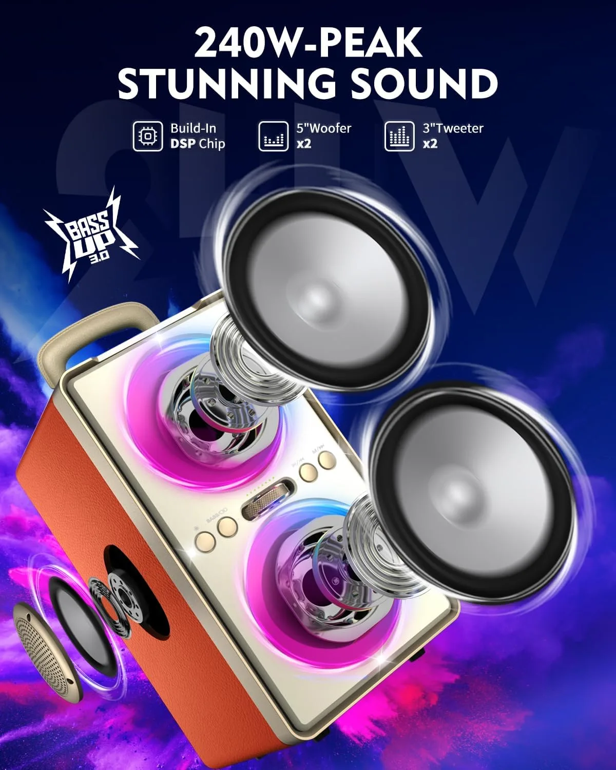 YIER Bluetooth Speaker, 240W Peak Loud Party Speakers with Deep Bass,Orange
