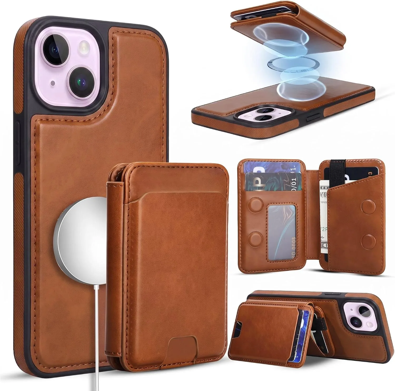 Magnetic Detachable Wallet Case for iPhone 15/14 Plus with Kickstand,2-in-1 MagSafe Compatible RFID Blocking Card Holder,Slim PU Leather Cover Brown