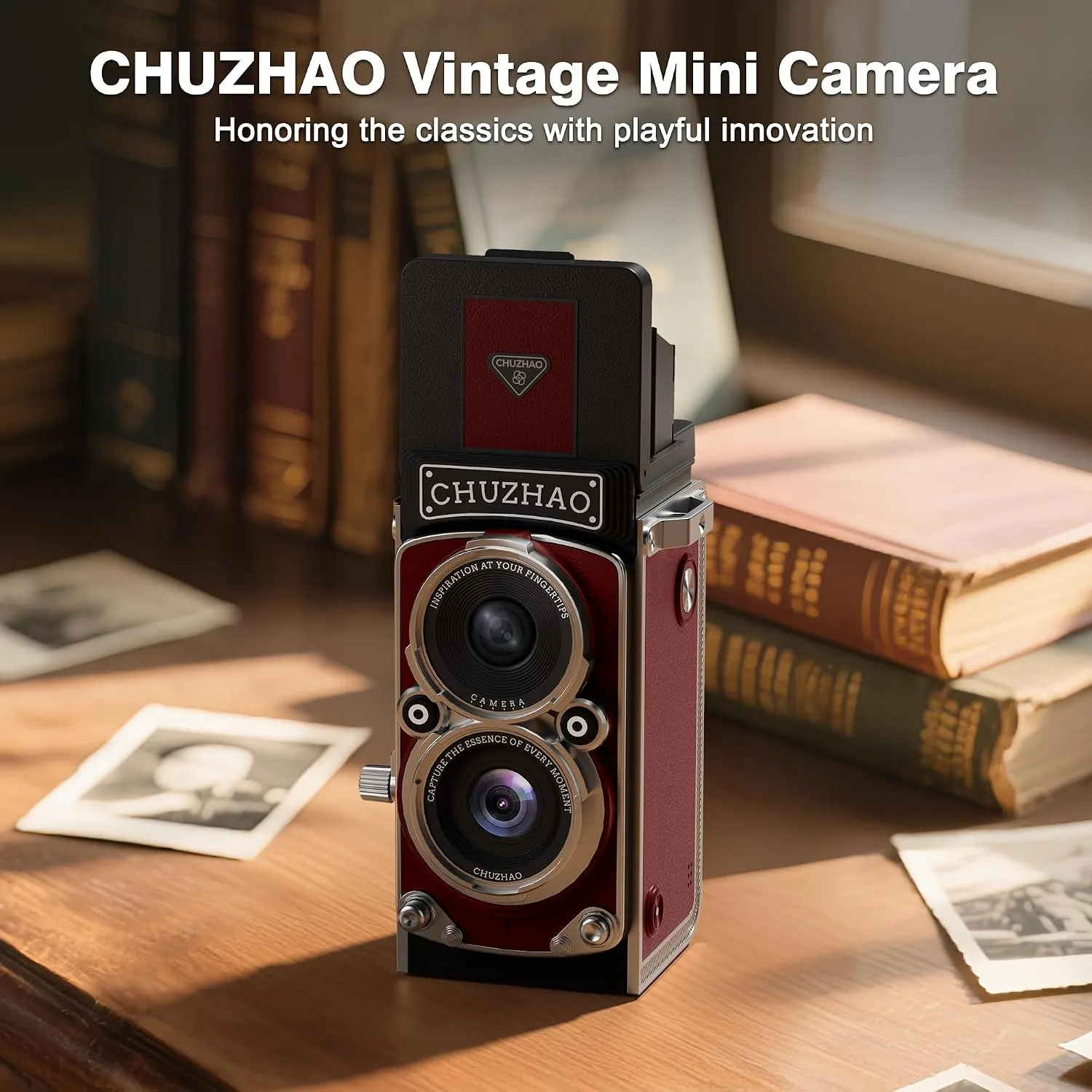 CHUZHAO Vintage Mini Digital Camera, Portable TLR Style Retro Point and Shoot Compact Small Pocket 1080P FHD Video 12MP Autofocus Vlogging Camera with 16 GB Card for Beginners Teens Adults Red