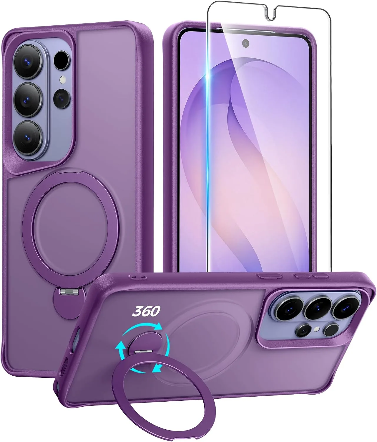 for Samsug Galaxy S26 Ultra Case with 360 Rotatable Magnetic Invisible Stand, [Screen Protector] Fits for MagSafe, Mil-Grade Shockproof Translucent Matte Phone Cover, 6.9", Purple