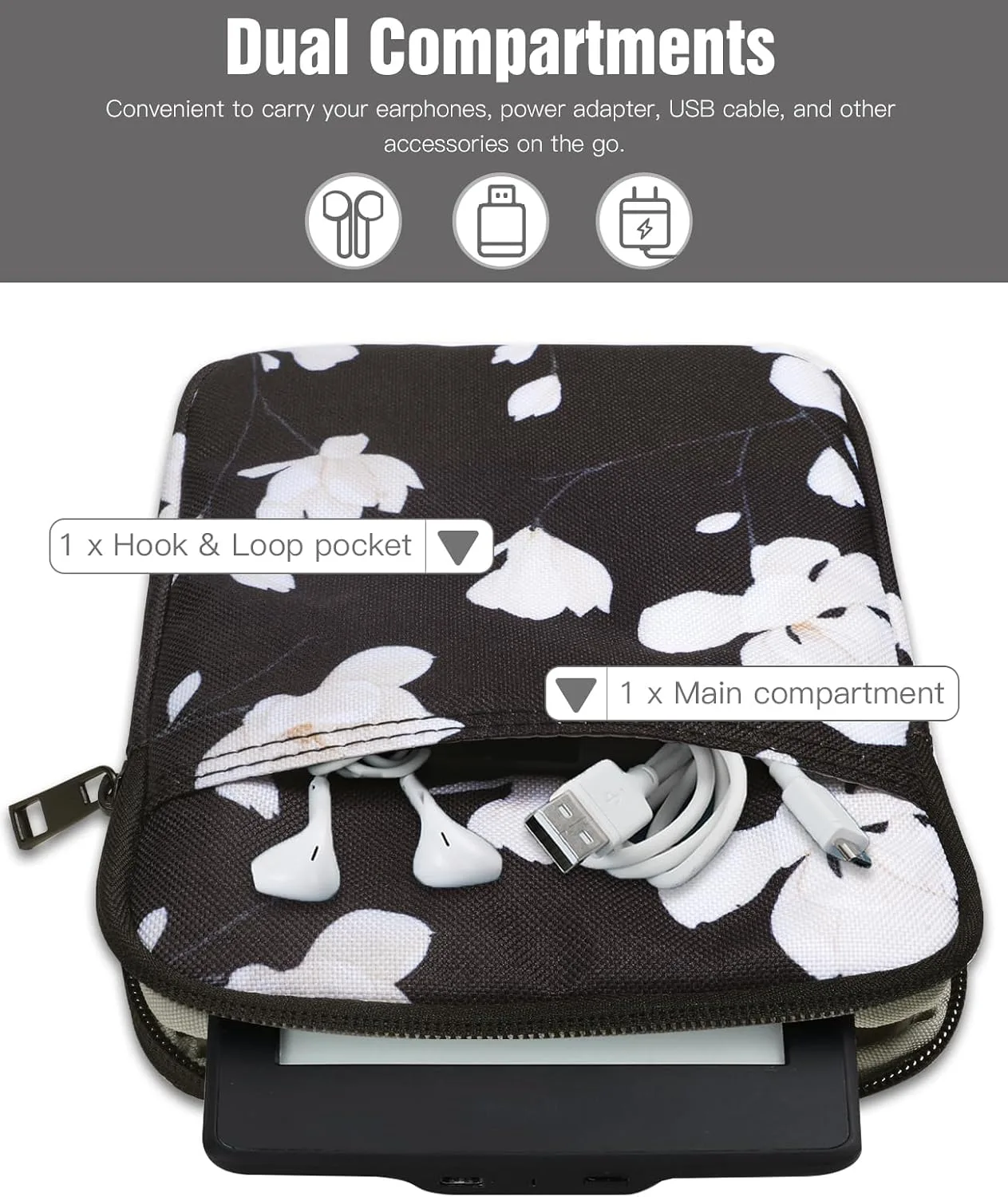 TiMOVO 6-7 Inch Sleeve Case for eReader, Black&White Magnolia