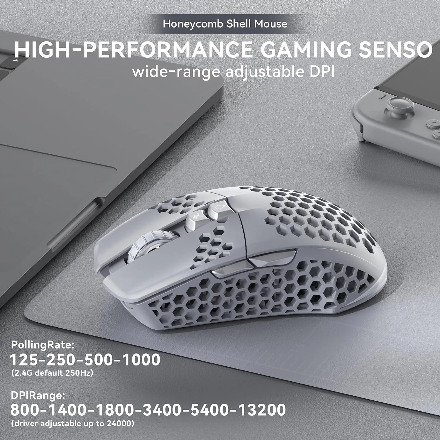 SOLAKAKA SM600 Wireless Wireless Gaming Mouse with Honeycomb Shell,Gray