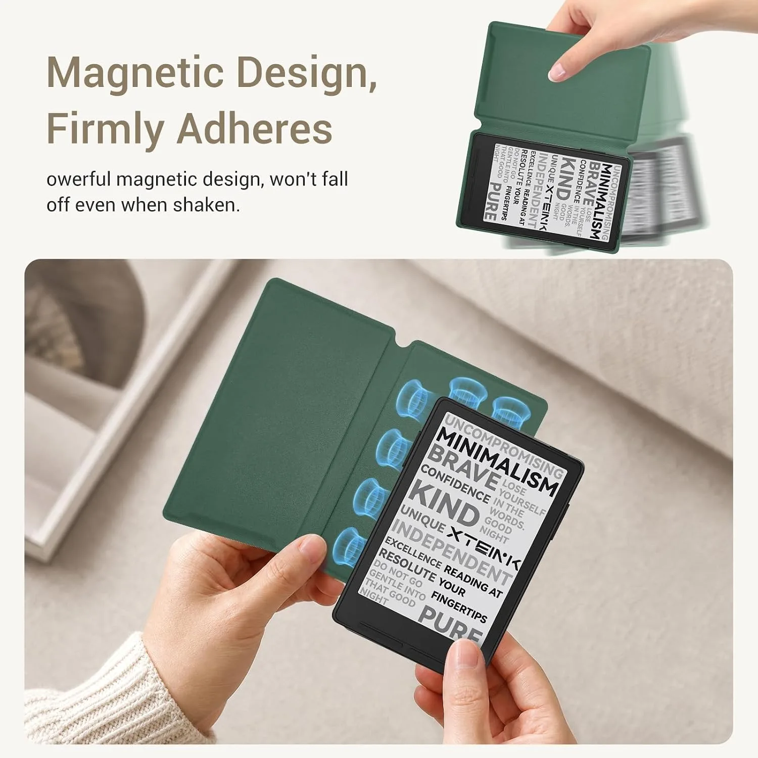 CoBak Magnetic Case for XTEINK X3 eBook Reader, 3.7" Ultra-Lightweight PU Leather Cover(Dark Green)