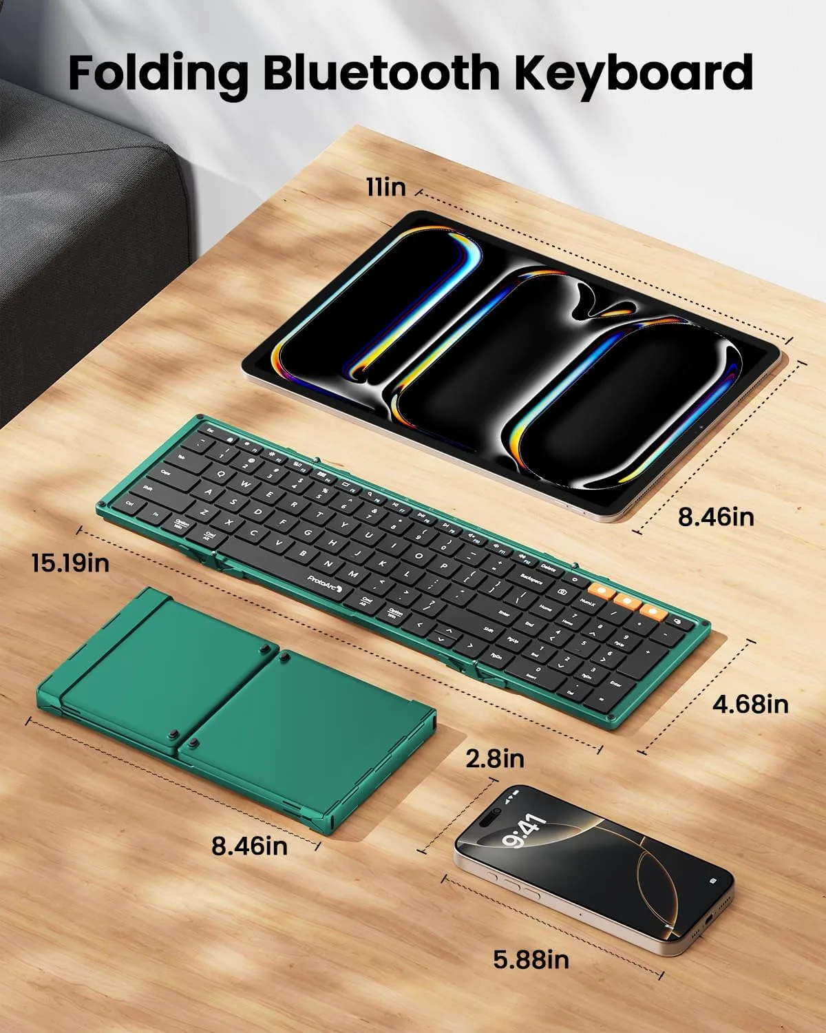 ProtoArc XK01 Full-Size Foldable Bluetooth Keyboard for Travel, Green