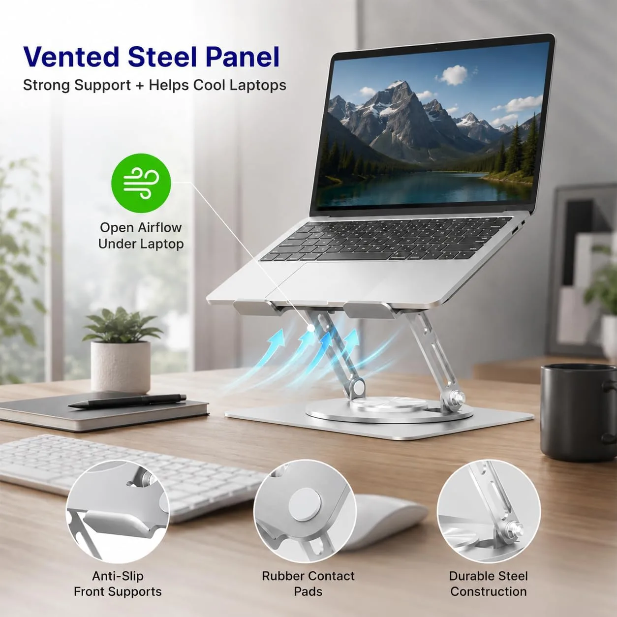 Uncaged Ergonomics Swivel Laptop Stand for Desk, 360 Riser, Arctic Silver