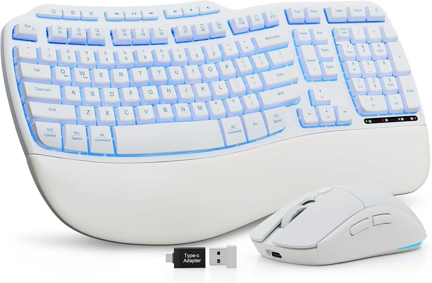 SABLUTE White Wireless Keyboard and Mouse Combo, Light up Ergonomic Keyboard Set, 2.4G Full Size Ergo Wave Key Board with Cushioned Plam Rest, Silent Mouse, for Computer/Laptop/Windows/Mac