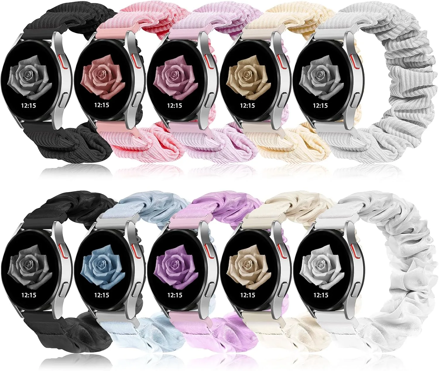 Compatible with Samsung Galaxy Watch 7/6/5/4/Active 2/FE Bands - 40mm/44mm, 20mm Quick Release Scrunchie Strap - Stretchy Cute Elastic Fabric Bands (10-Pack) Women