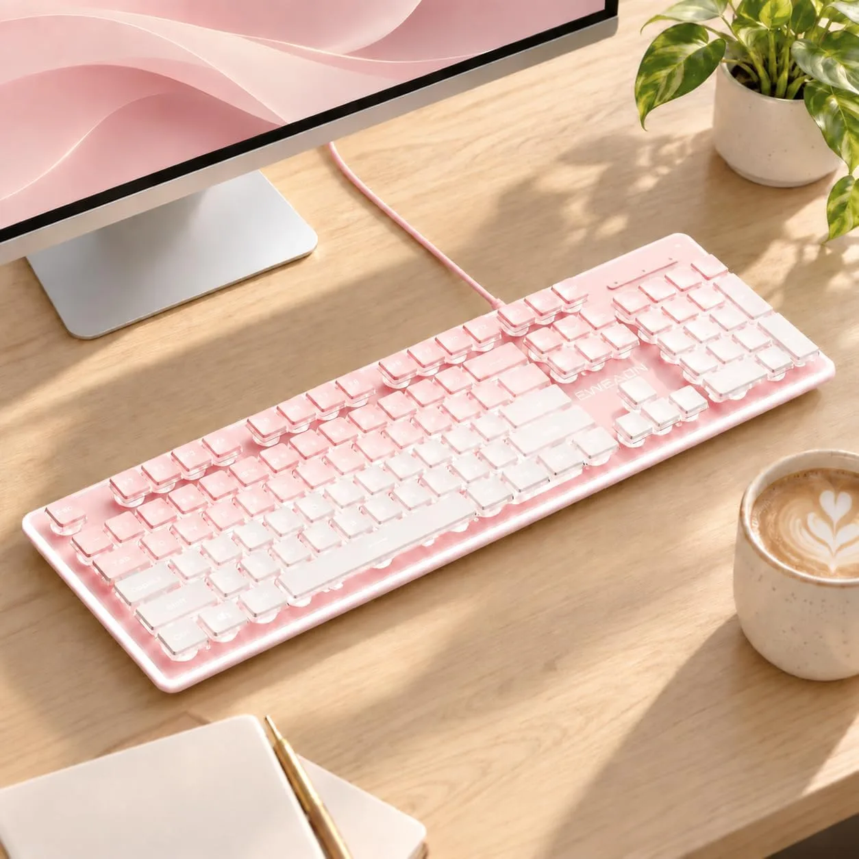 Wired Keyboard with White Backlight Pudding Keycaps, Pink-Pink Gradient