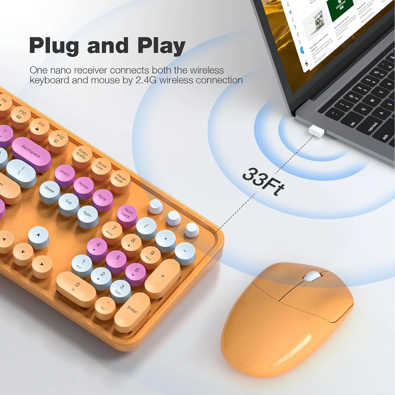 MOFII Wireless Keyboard and Mouse Combo, Orange Retro Keyboard with Round Keycaps, 2.4GHz Dropout-Free Connection, Cute Wireless Mouse for PC/Laptop/Mac/Windows XP/7/8/10 (Orange-Colorful)