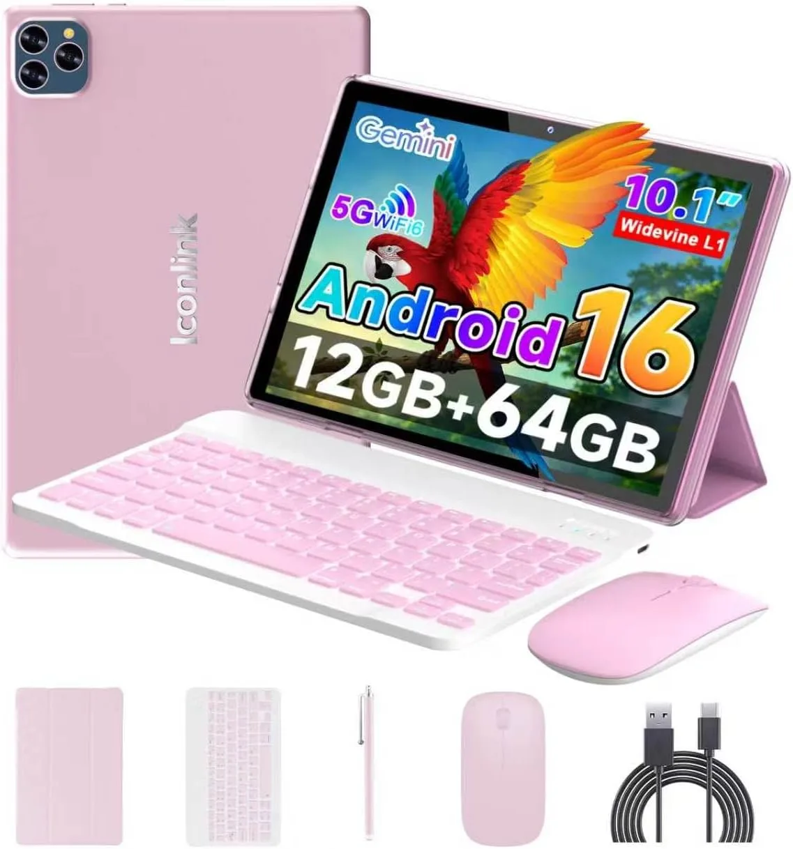 Android 16 Tablet 10 Inch, 12(3+9) GB RAM+64GB ROM, 2 in 1 Tablets with Keyboard Case Mouse Stylus, 2.0GHz Five-core Processor, 1280 * 800 IPS HD Screen, 5G WiFi6 BT 5.3 Tableta PC