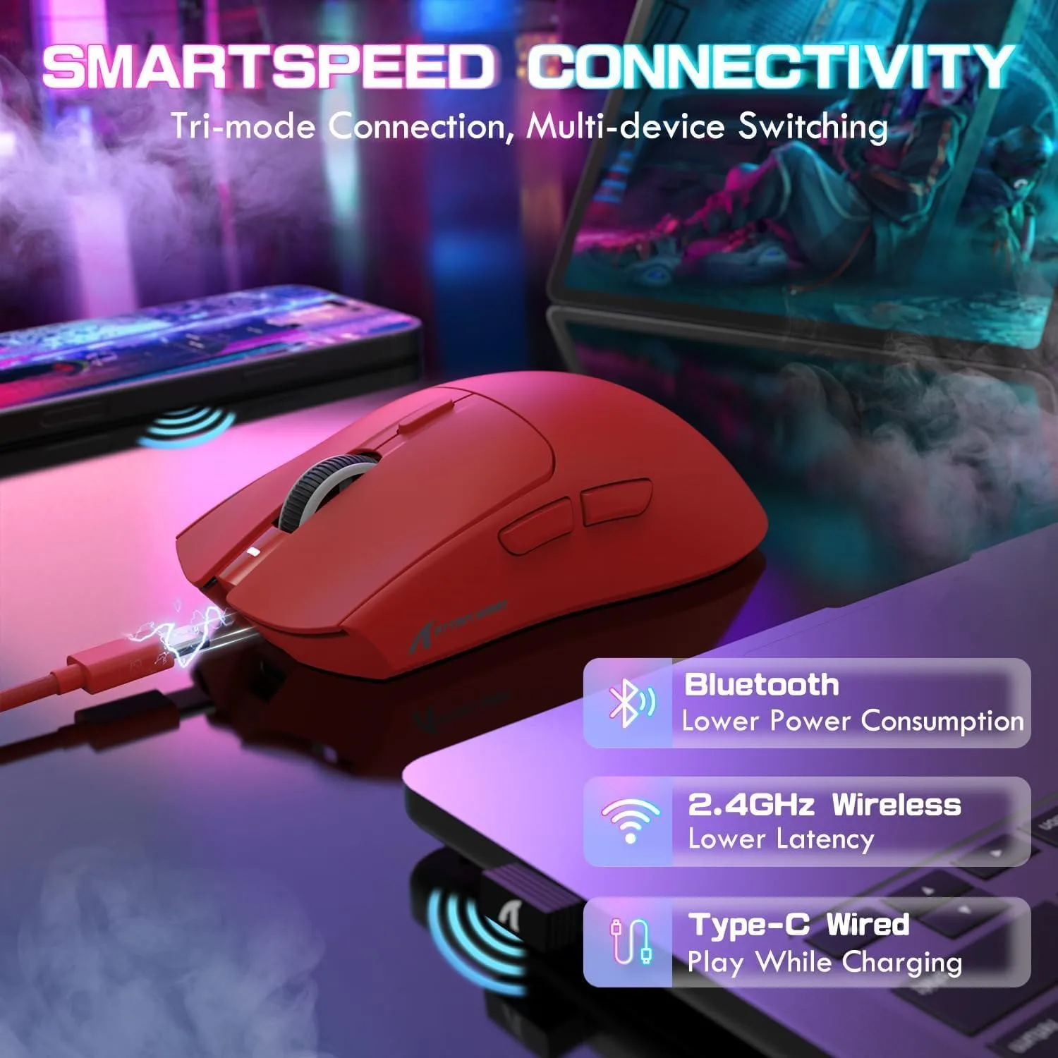 ATTACK SHARK X1 Ultralight Tri Mode Wireless 40000 DPI Gaming Mouse-Red