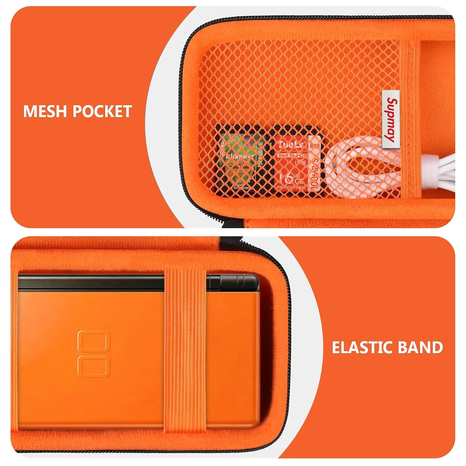 Supmay Hard Carrying Case Compatible with Nintendo DS Lite NDSL, Gameboy Advance Games Storage Holder Travel Bag with Mesh Pocket for USB Charging Cable, Stylus, Earphones, Game Cartridge, Orange