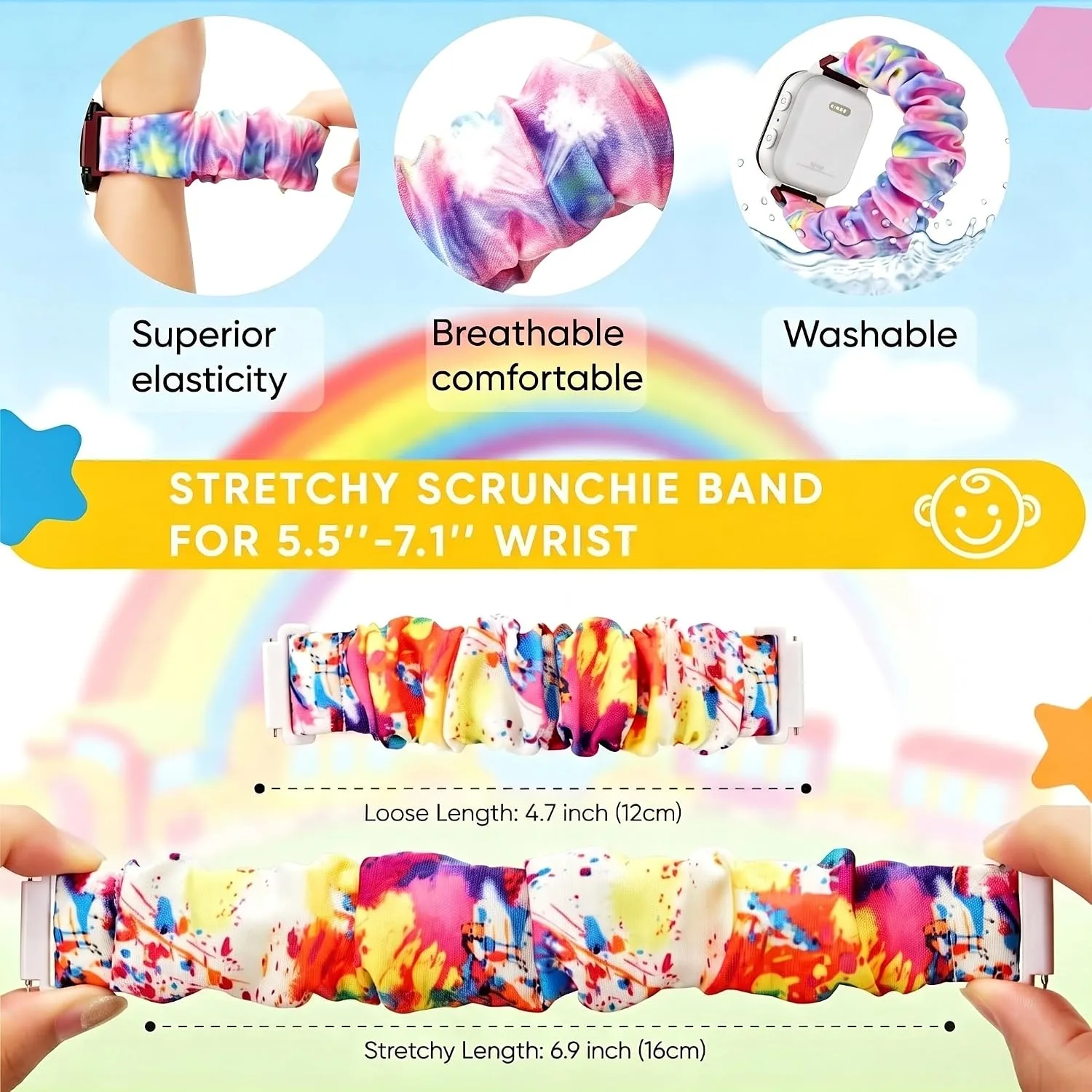4 Pack Kids Scrunchie Bands Compatible with Gizmo Watch 3 2 1/Gabb Watch 3e 3 2 1/Sync UP Watch/Cosmo Jr Track Watch, 20mm Stretchy Solo Loop Cute Band for Boys & Girls