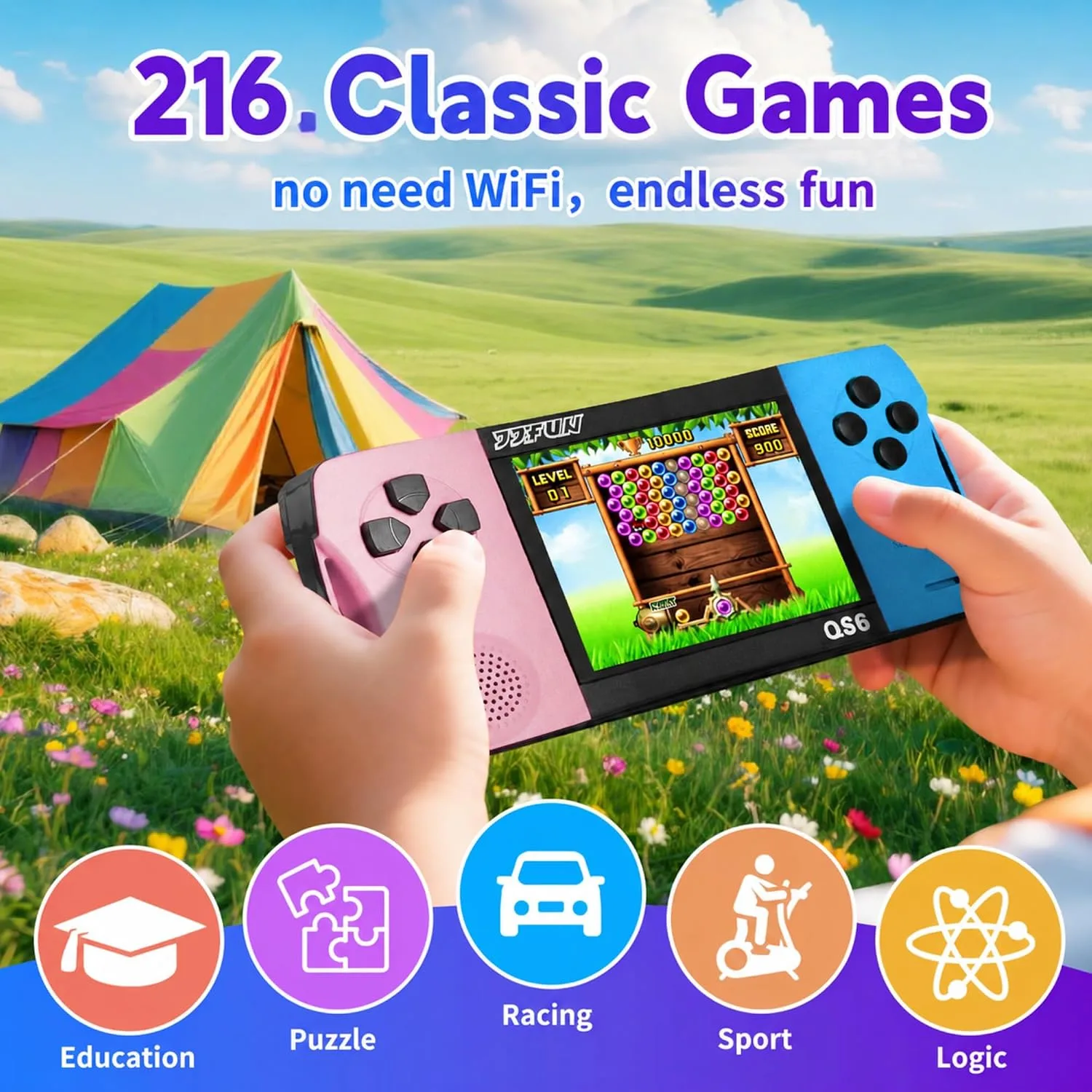 Handheld Game Console for Girls, 216 Retro Games Built-in, 3.5'' HD IPS Screen, Rechargeable Mini Portable Video Game Player for Travel & Car Trips, Gift for Kids-Pink Blue