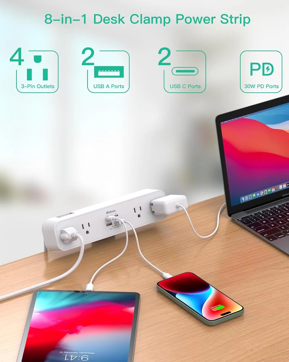 Mifaso PD30W Desk Clamp Power Strip, Surge Protector, Fast Charging Station