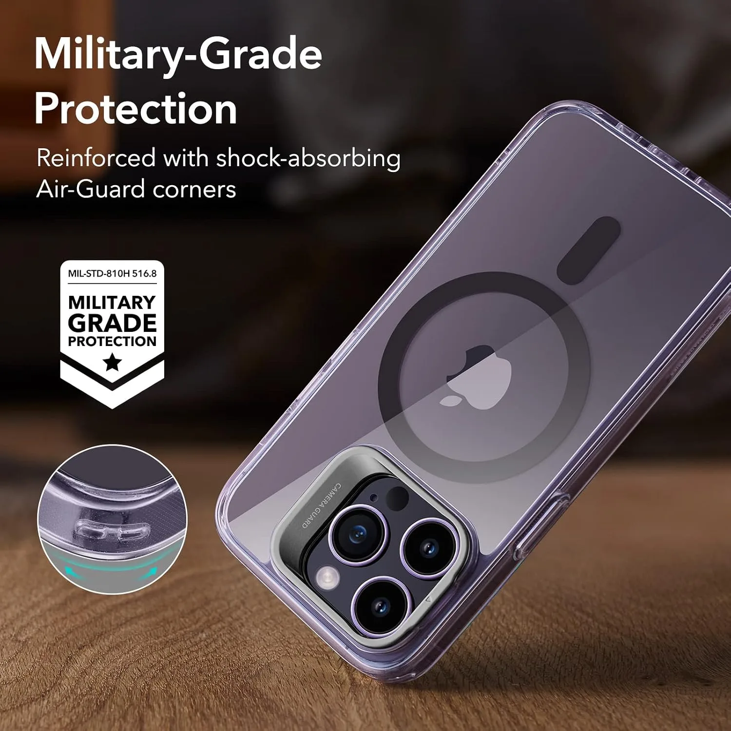 ESR Classic Hybrid for iPhone 14 Pro Case with Flex Stand, Clear Purple
