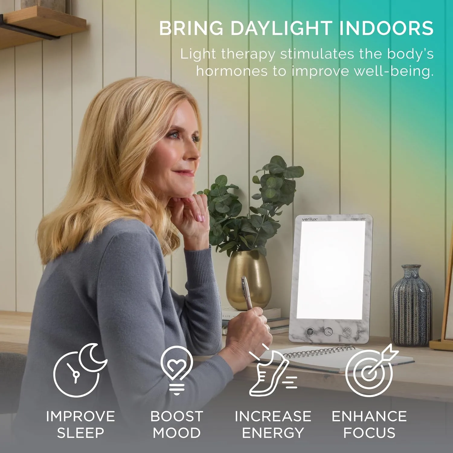 Verilux HappyLight Luxe Light Therapy Lamp, 10,000 Lux, UV-Free LED