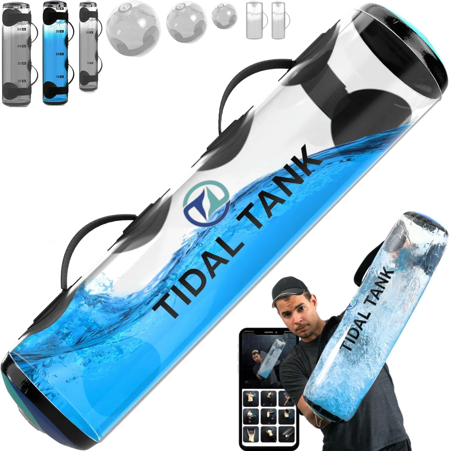 Tidal Tank Tube - The Original Aqua Bag - Water Weight Bag up to 79 lbs - Adjustable Workout Sand Bags Weights Alternative - Portable Sandbag Fitness Equipment Set, Home Exercise Gym - Including App