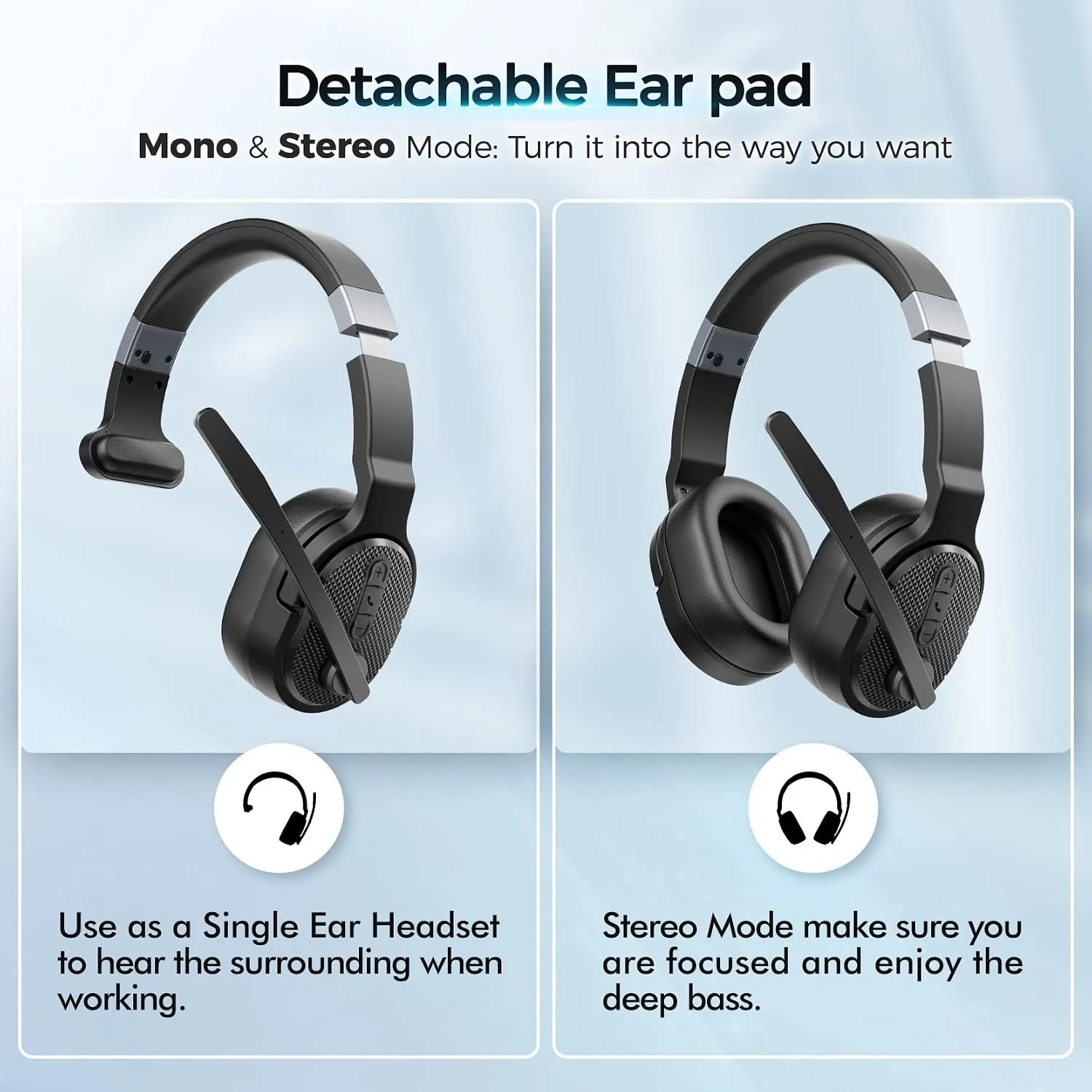 COSMUSIS Trucker Bluetooth Headset with Dongle, Wireless Headsets with Noise Cancelling Microphone, 50+Hrs HD Talktime Bluetooth Headphones with Detachable Earpad/Single+Dual Mode for Office/Driving