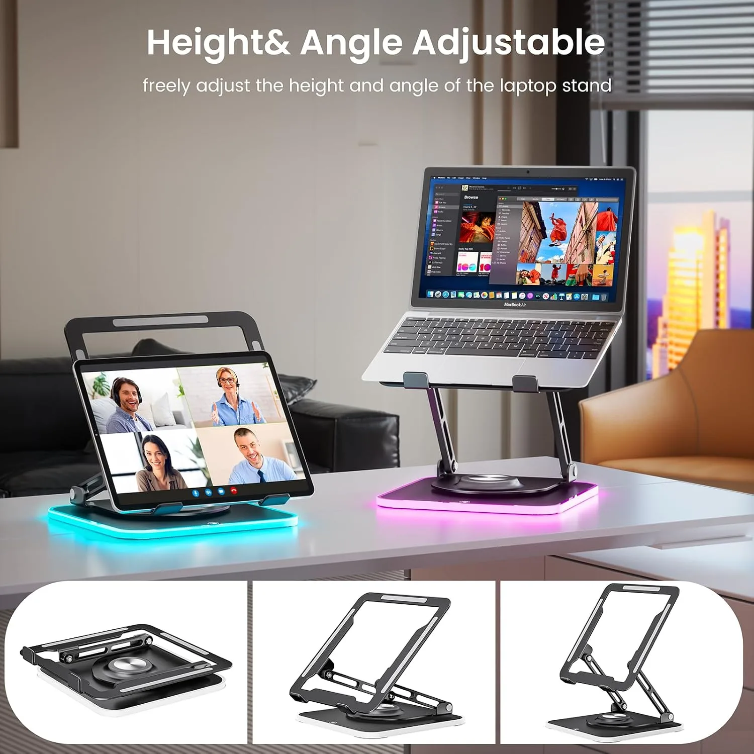 JOYEKY Laptop Stand for Desk(360°Rotating),Aluminum Laptop Riser for 10-16" Laptops (Black-RGB)