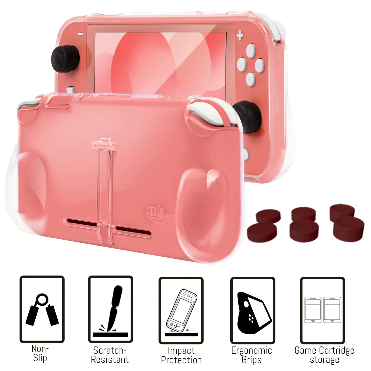 Orzly Accessories Bundle Compatible for use with Nintendo Switch Lite - Protective Case & Screen Protector, USB Cable, Games Holder, Grip Case, Headphones, Thumb-Grip Pack & More (Coral)