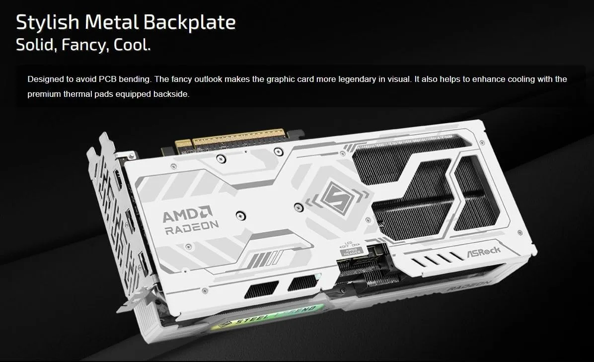 ASRock Radeon RX 9060 XT Steel Legend 8GB GDDR6 OC Graphics Card | 3320 MHz Boost | Triple Fan | 0dB Cooling | Metal Backplate | PCIe 5.0 | DisplayPort 2.1a, HDMI 2.1b