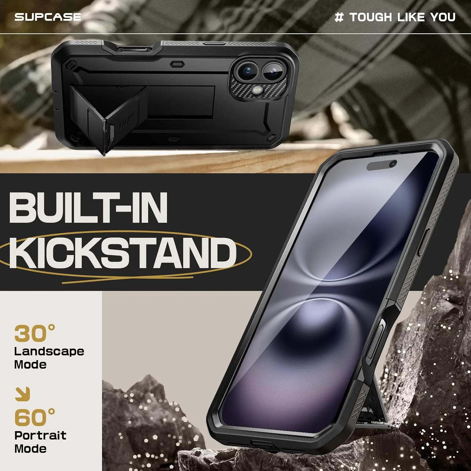 SUPCASE for iPhone 16 Case with Screen Protector & Kickstand, Black