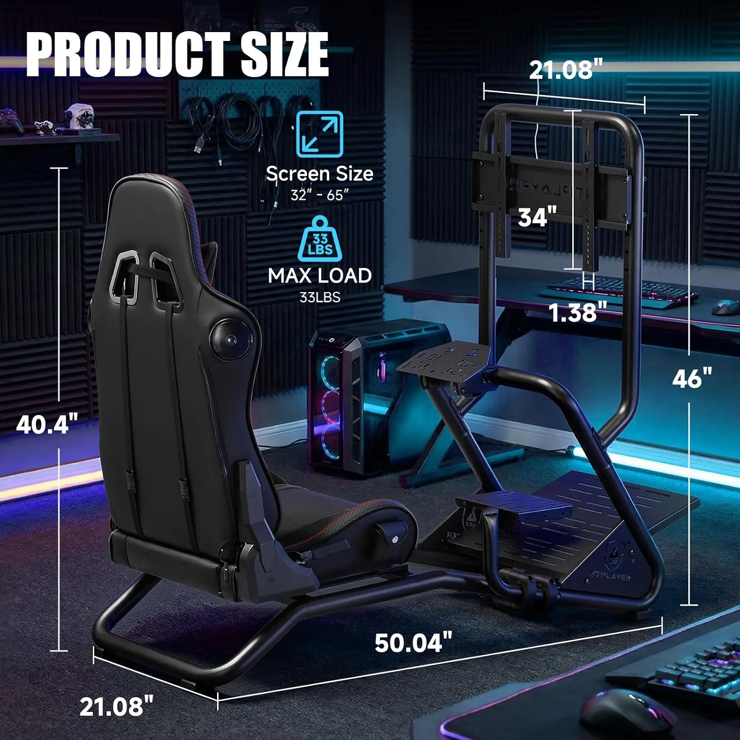 GTPLAYER Racing Simulator Cockpit with Monitor Stand and Seat and Bluetooth Speakers, Racing Style Reclining Seat and Ultra-Sturdy Alloy Steel Frame Racing Wheel Pedals NOT Included, Black