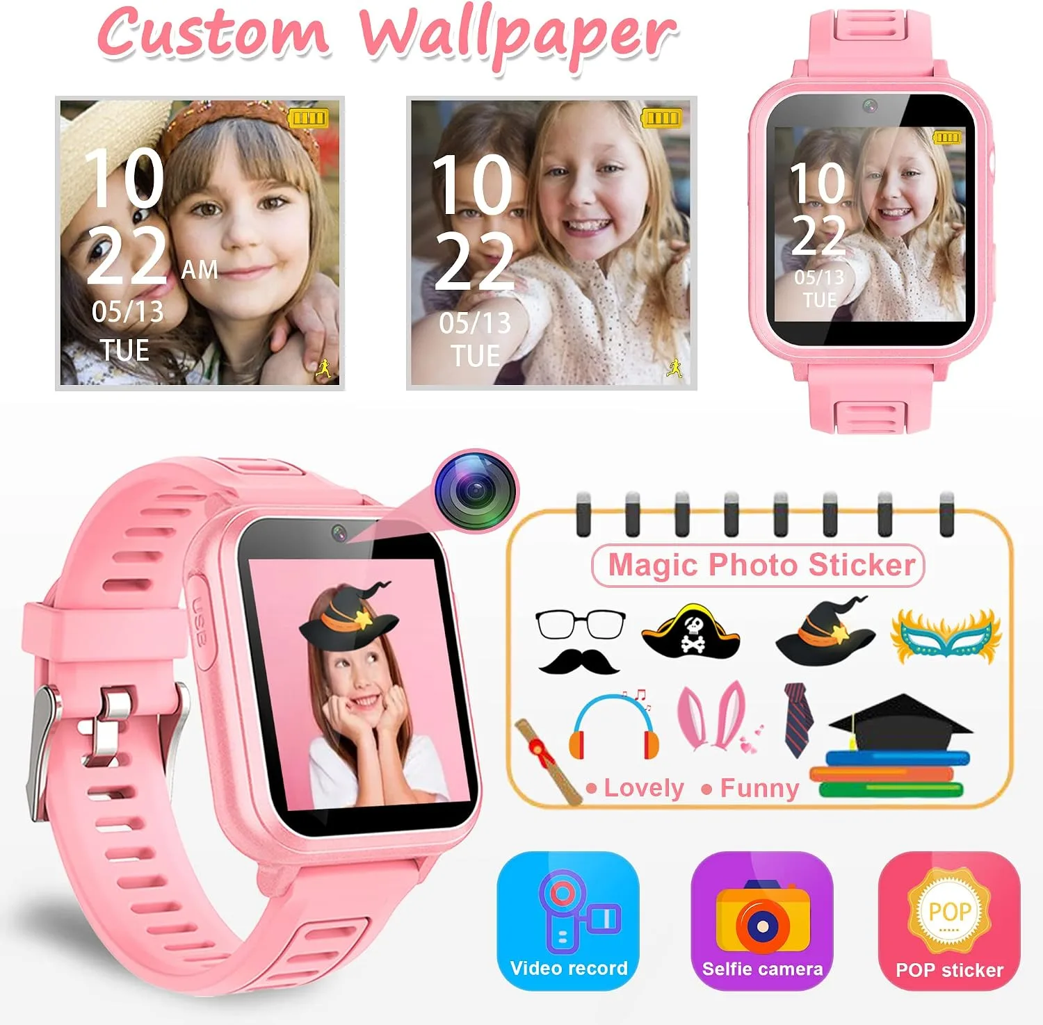 Wiszodet Smart Watch for Kids Gift for Girls Age 5-12, 1.54" Touch Screen Watch with HD Camera Video 39 Games Music Pedometer Flashlight Alarm Clock, Gifts for 7 8 9 10 Year Old Girls Boys