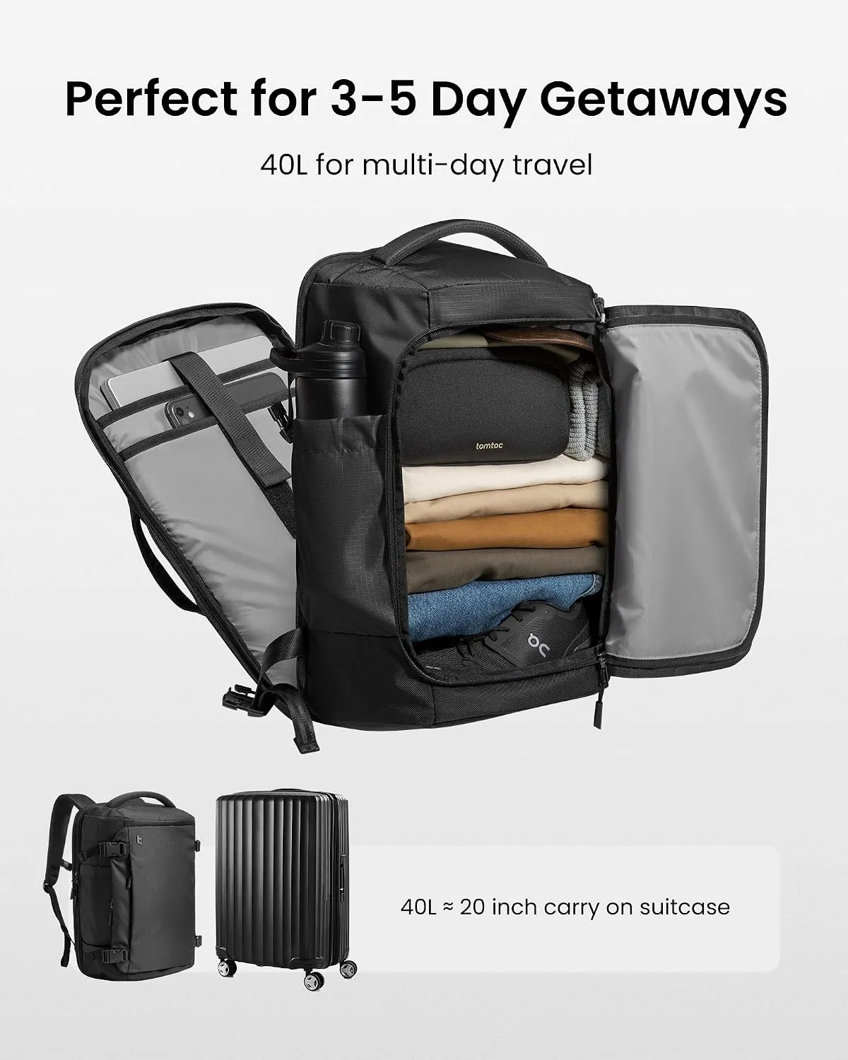 tomtoc Travel Backpack 40L, TSA Carry On Bag Flight Approved, PFAS Free